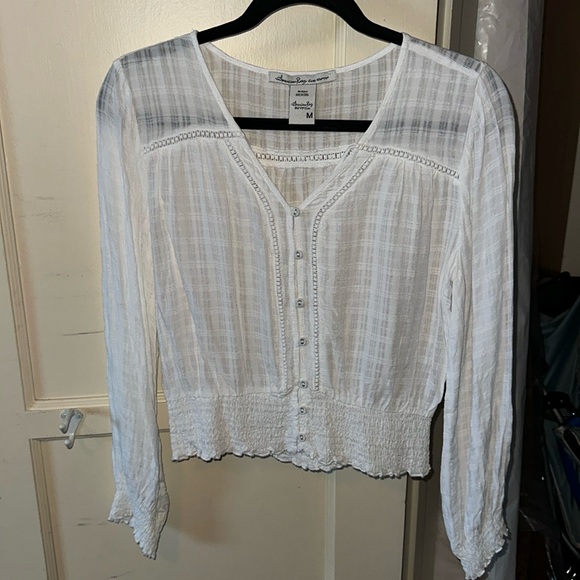 American Rag Tops - White Elastic Waist Button Down Blouse
